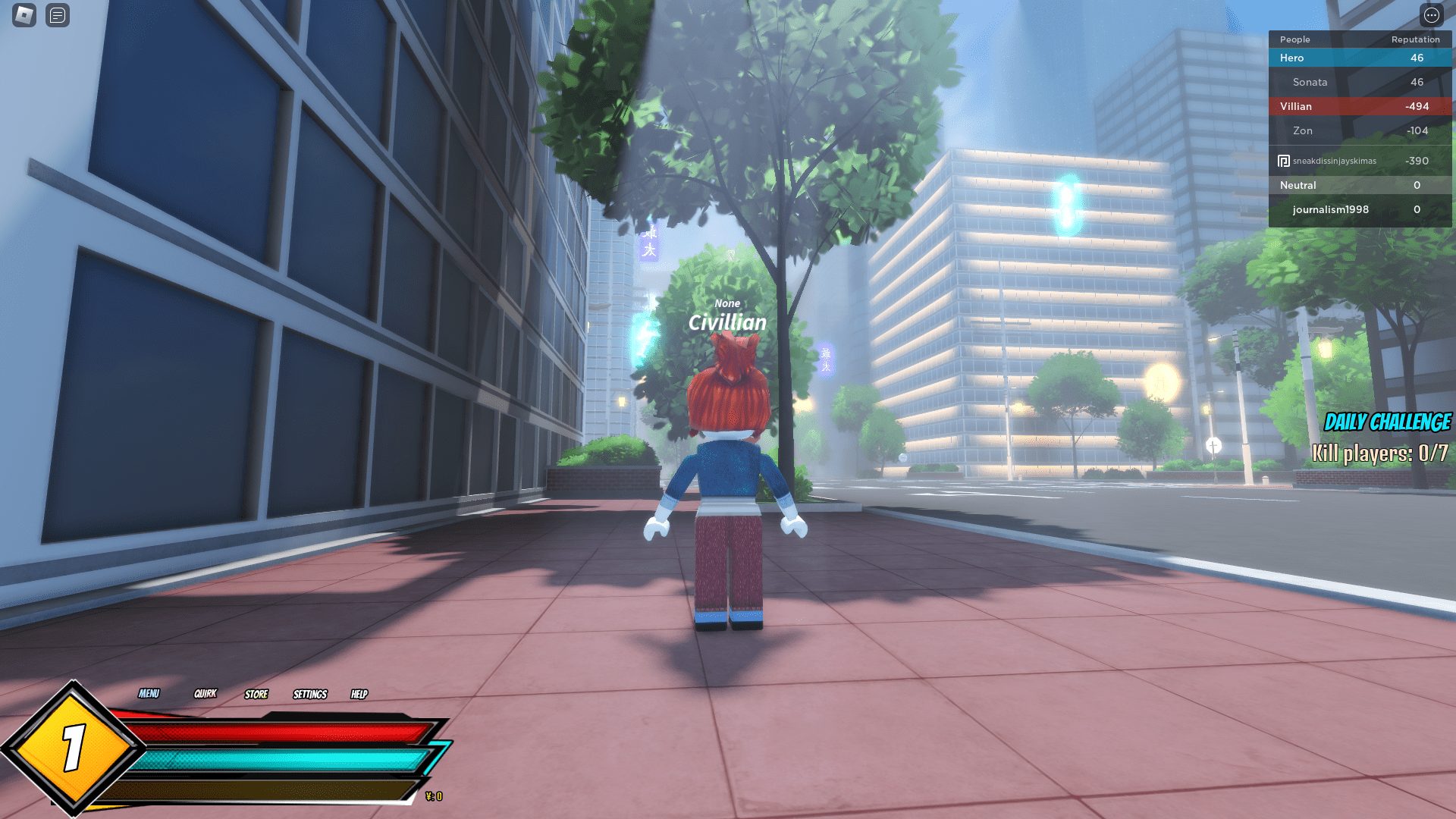 Red haired Roblox character stood in the starting area of Era of Quirks